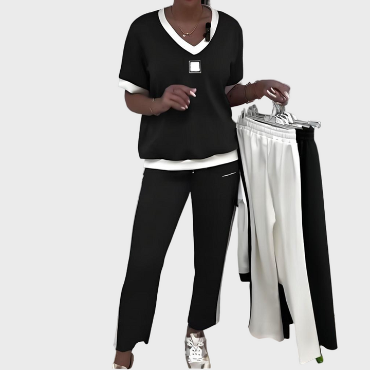 Conjunto Feminino Casual com Top e Calças com Decote em V