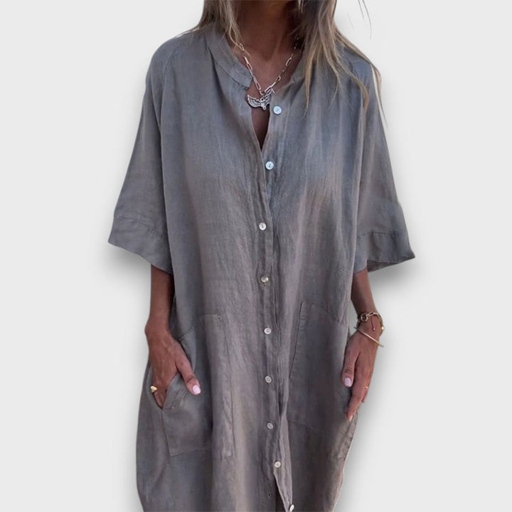 Vestido Camisola de Linho com Botões e Bolsos