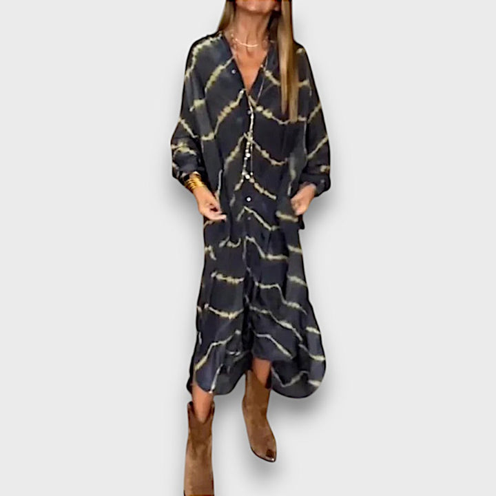 Maxi Vestido Tie-Dye com Botões e Mangas Longas