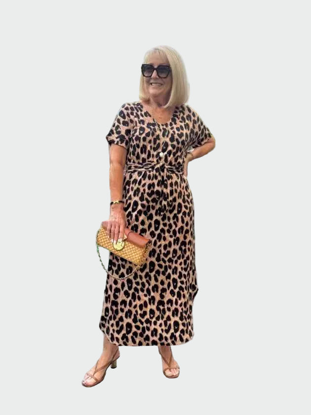 Vestido com impressão de leopardo e Decote em V Impressionante