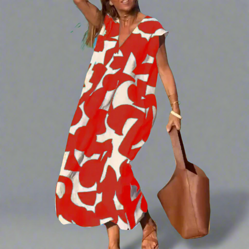 Vestido V com estampado de tecido