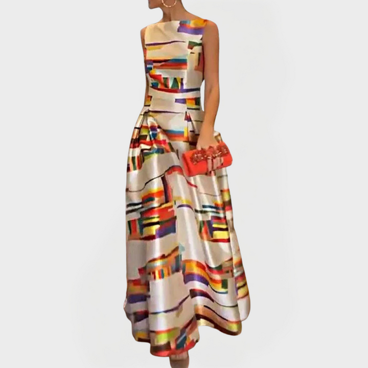 Vestido Longo com Padrões Geométricos e Linha Moderna