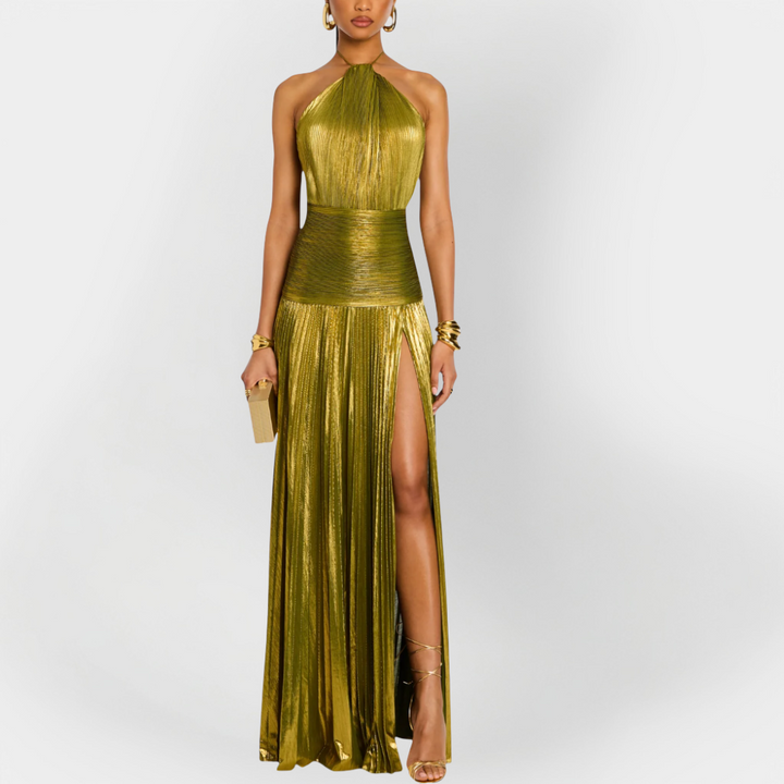 Vestido Longo Metálico com Laço no Pescoço e Fenda