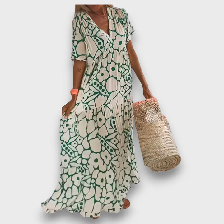 Vestido Longo com Padrão de Flores e Botões