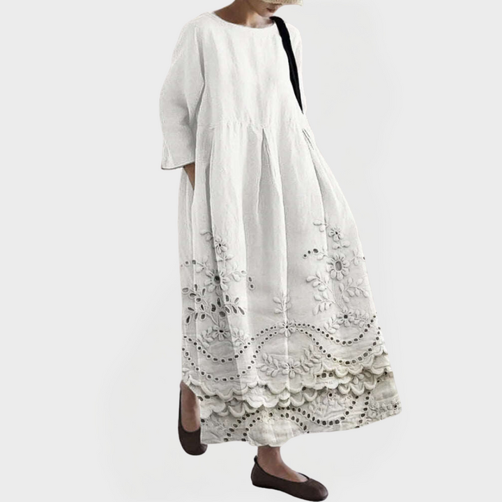 Vestido Maxi Elegante em Linho com Renda Floral Bordada