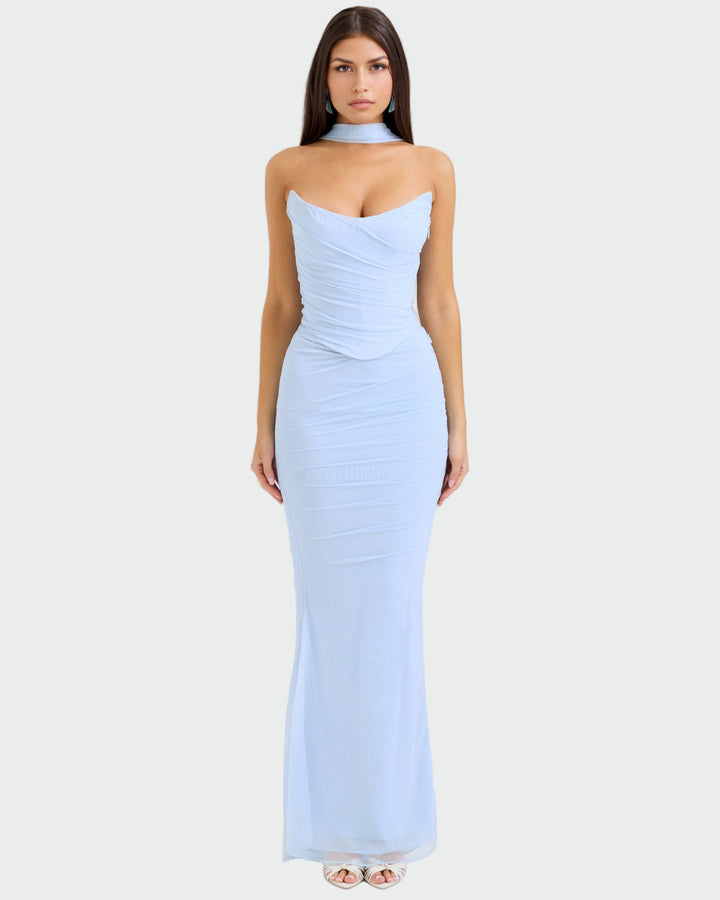 Lora | Vestido Longo Drapeado com Colar-Corsage