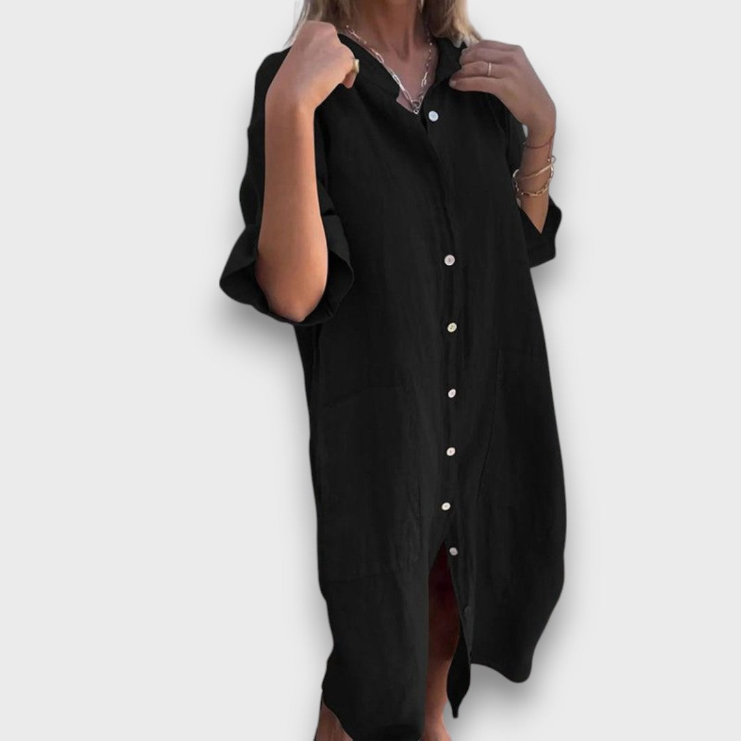 Vestido Camisola de Linho com Botões e Bolsos