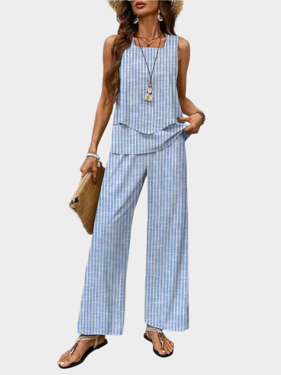 Conjunto de Verão com Blusa Sem Mangas e Calças Largas com Padrões
