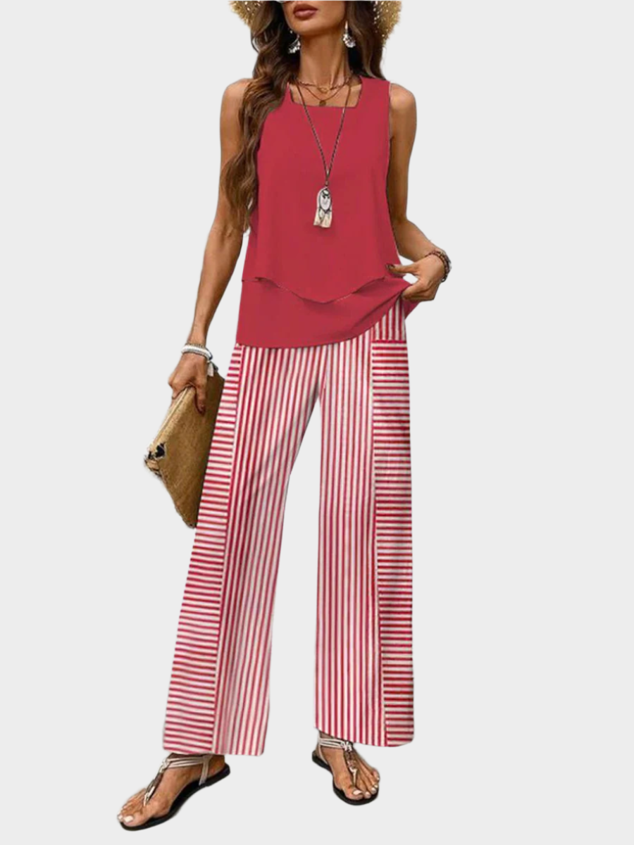 Conjunto de Verão com Blusa Sem Mangas e Calças Largas com Padrões