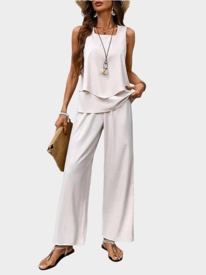 Conjunto de Verão com Blusa Sem Mangas e Calças Largas com Padrões