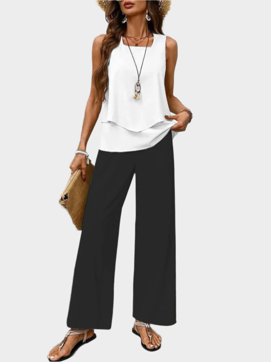 Conjunto de Verão com Blusa Sem Mangas e Calças Largas com Padrões