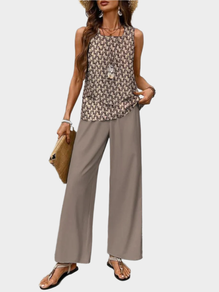 Conjunto de Verão com Blusa Sem Mangas e Calças Largas com Padrões