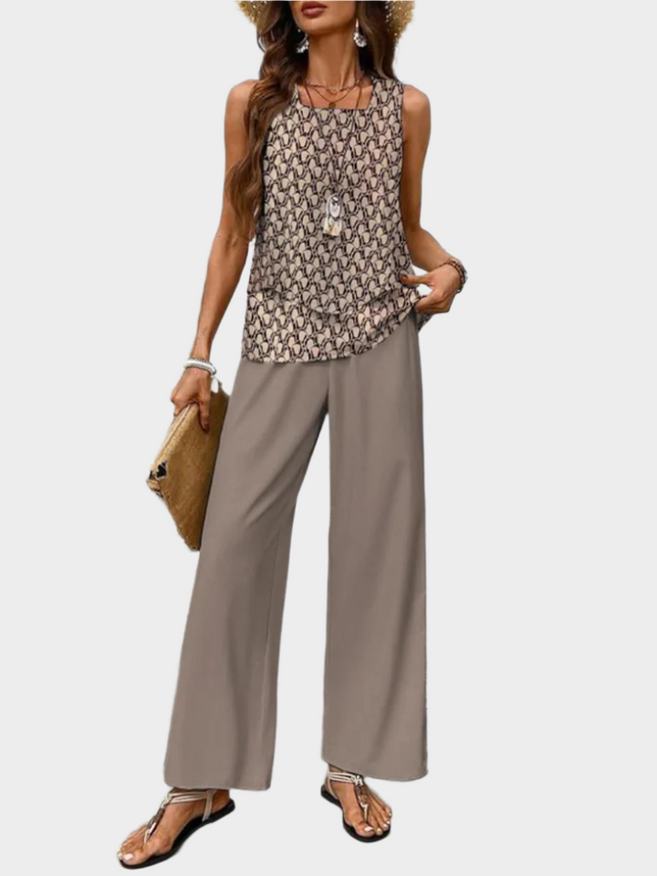 Conjunto de Verão com Blusa Sem Mangas e Calças Largas com Padrões