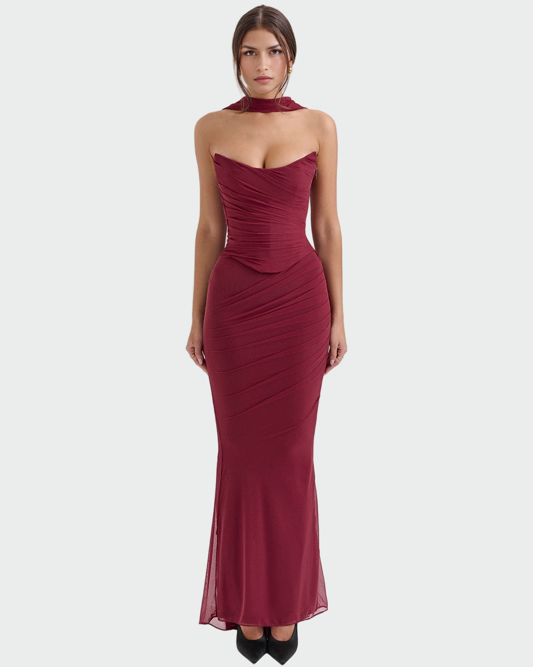 Lora | Vestido Longo Drapeado com Colar-Corsage