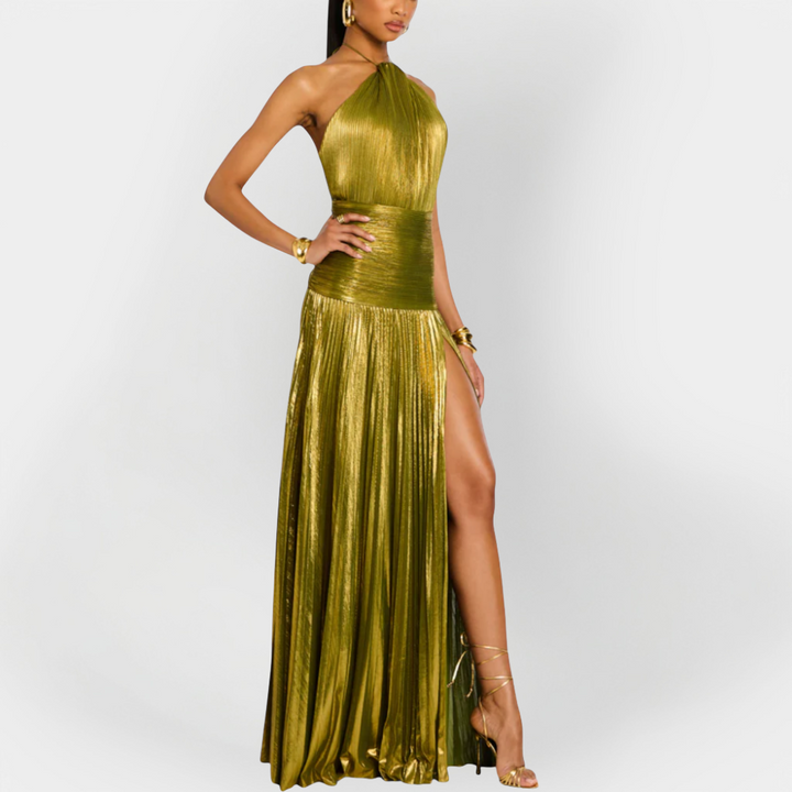 Vestido Longo Metálico com Laço no Pescoço e Fenda