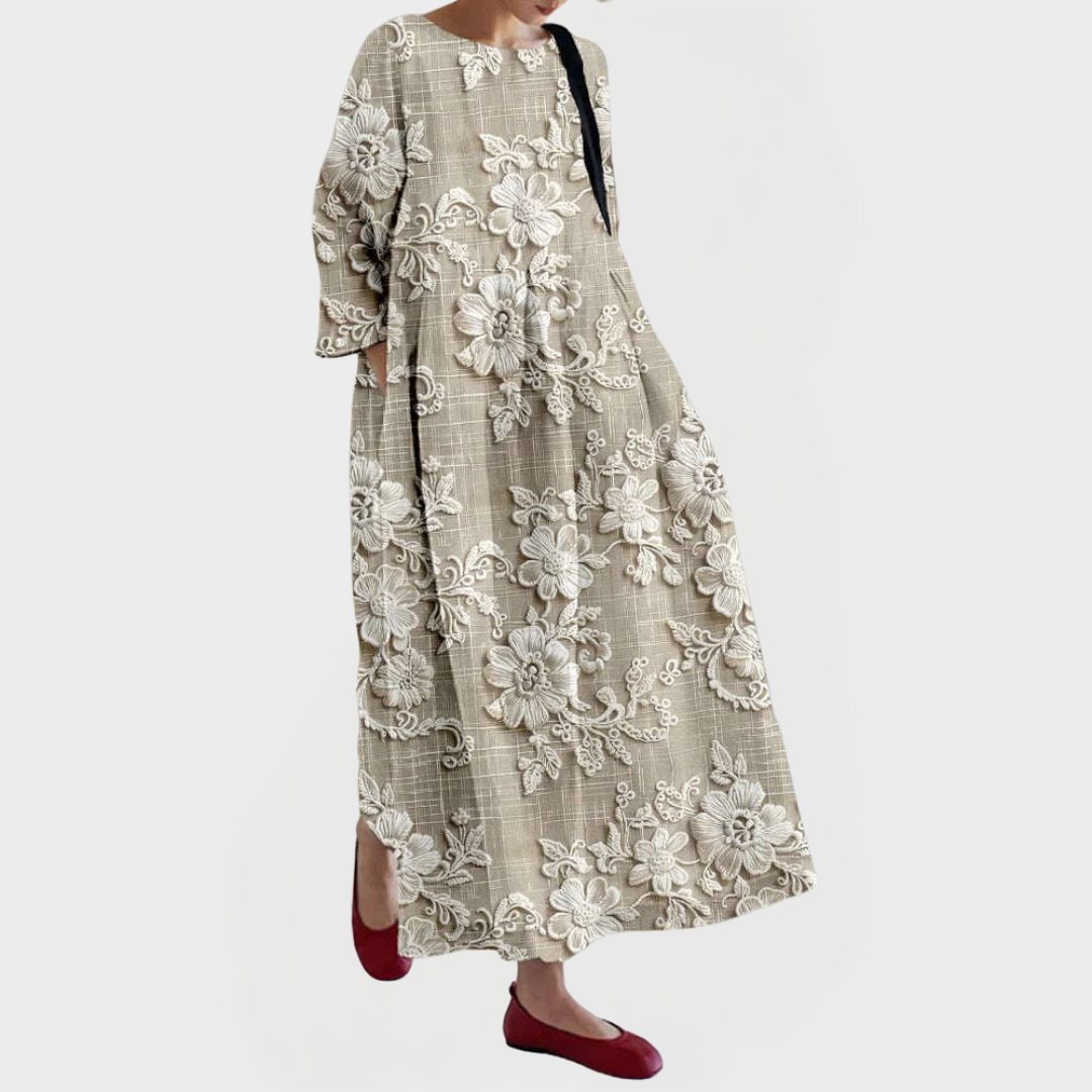 Vestido Maxi Elegante em Linho com Renda Floral Bordada