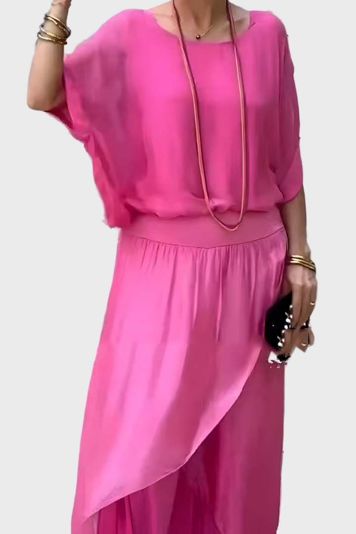 Top Largo e Calças com Racha – Conjunto de Dois Peças em Chiffon