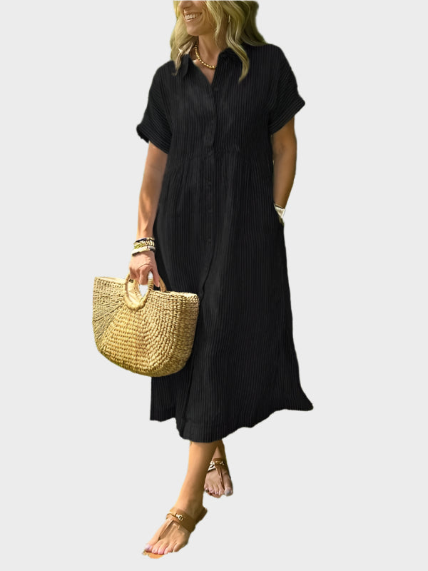 Vestido Camisa às Riscas com Pala, Botões e Bolsos Funcionais