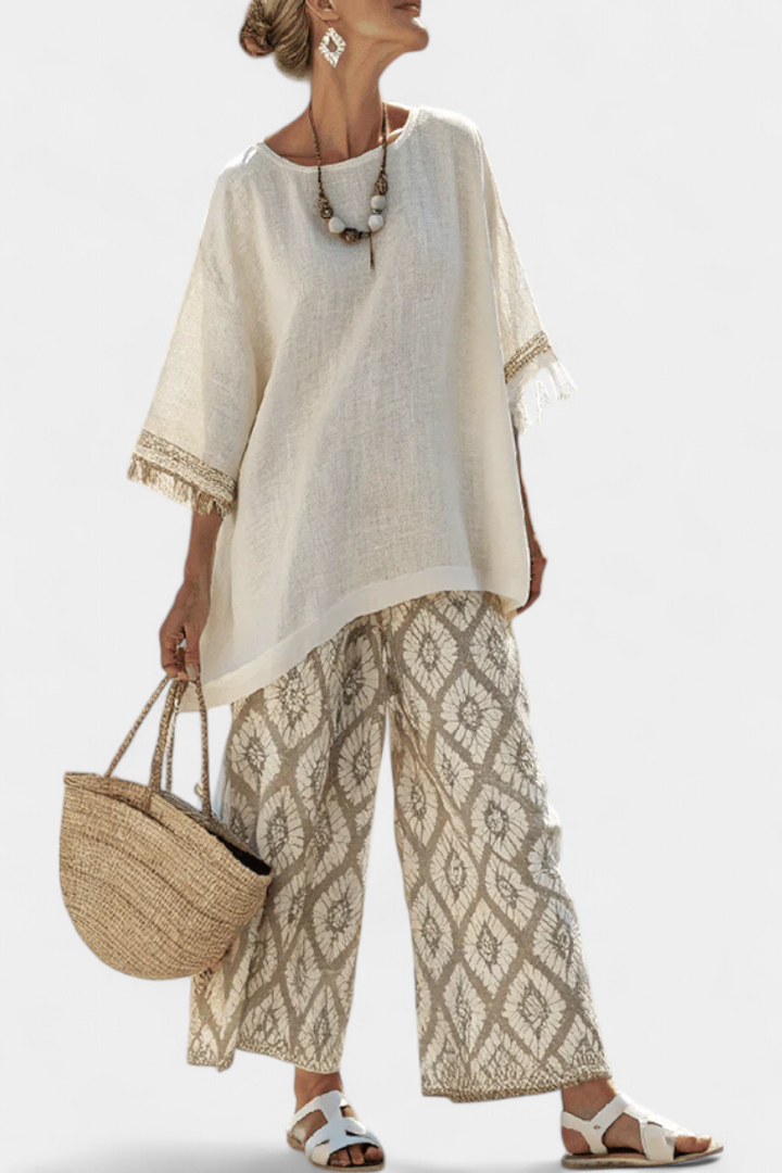 Conjunto Boho Chic Daisy: Blusa Longa e Calças Impressas para um Estilo Único