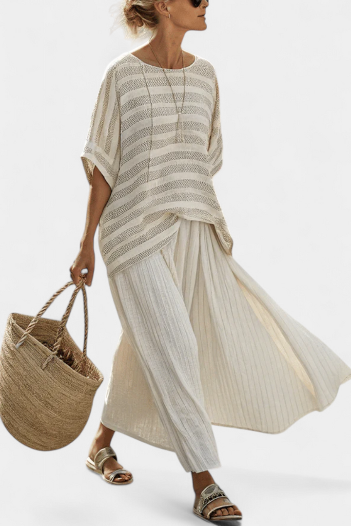Conjunto de linho de bambu Daisy com blusa riscada elegante e calças fluidas para um estilo moderno e confortável