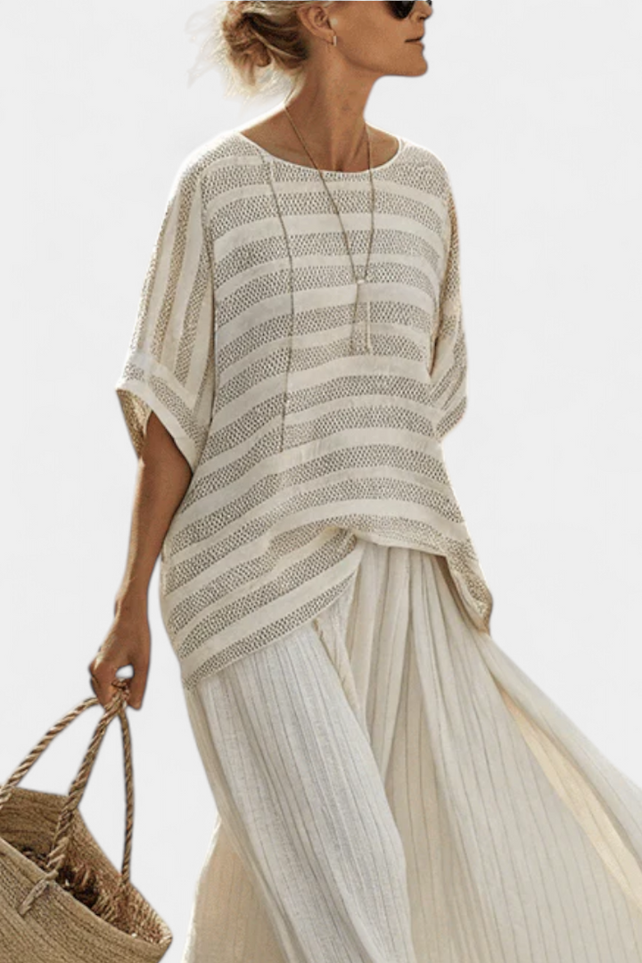 Conjunto de linho de bambu Daisy com blusa riscada elegante e calças fluidas para um estilo moderno e confortável