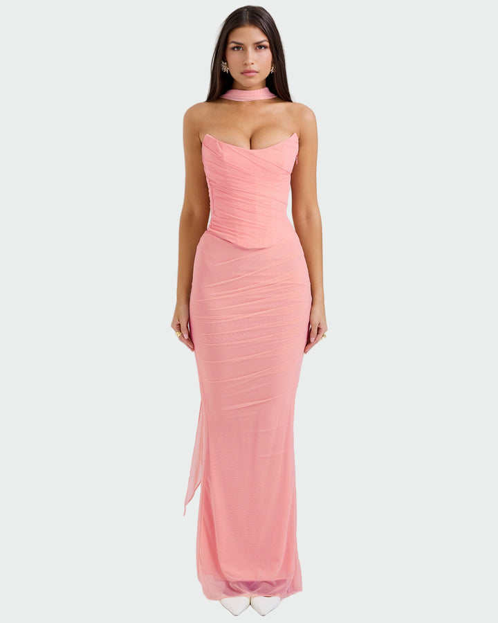 Lora | Vestido Longo Drapeado com Colar-Corsage