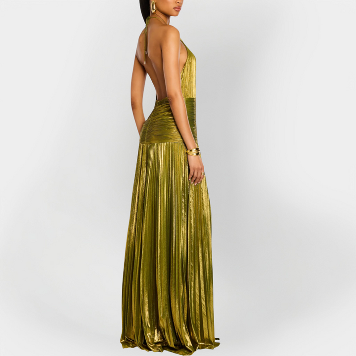 Vestido Longo Metálico com Laço no Pescoço e Fenda