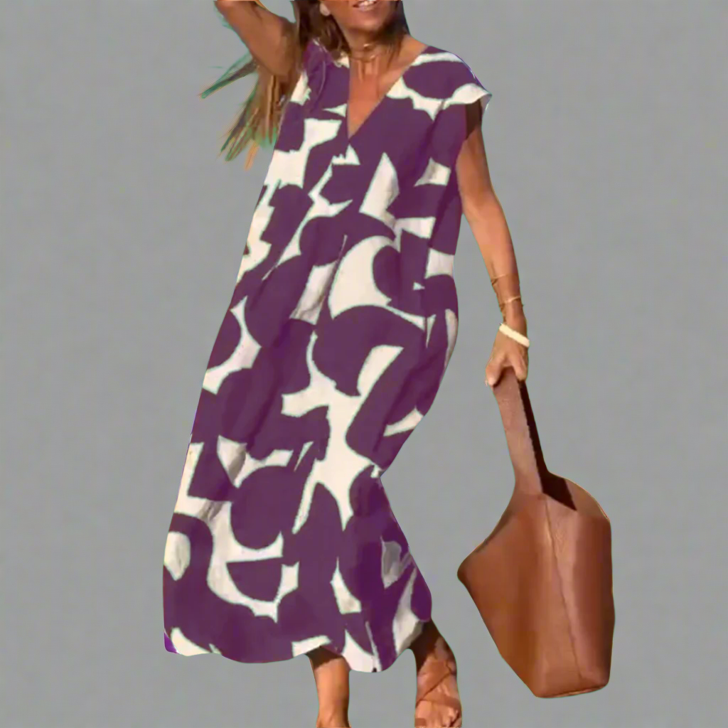 Vestido V com estampado de tecido