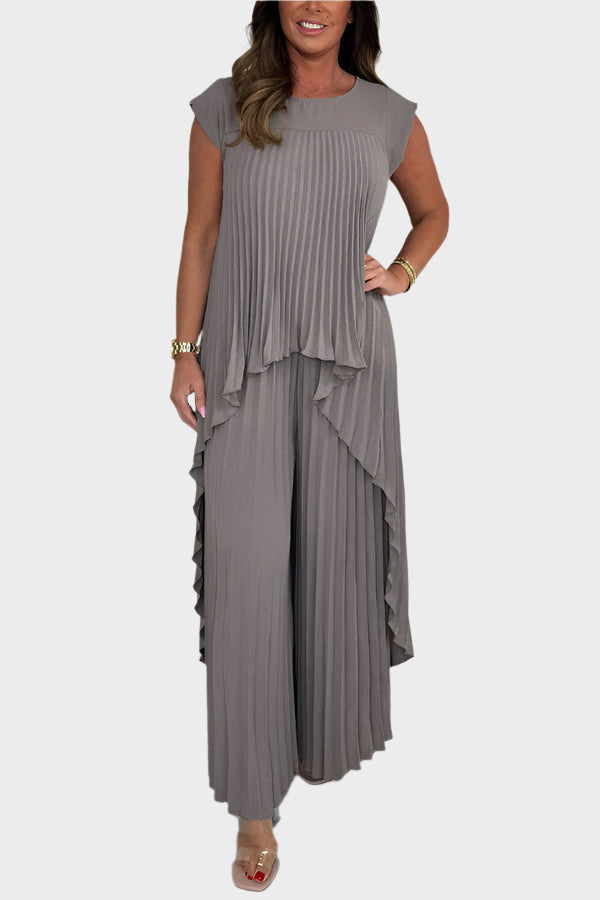 Conjunto com Top Plissado de Mangas Curtas e Comprimento Midi Irregular, Calças de Pernas Largas e Cintura Elástica