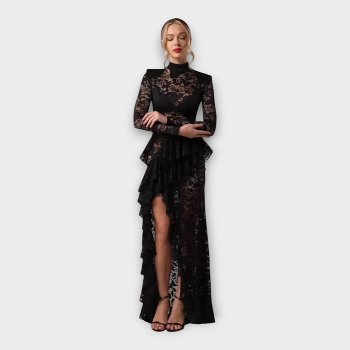 Vestido de renda assimétrico com design sofisticado