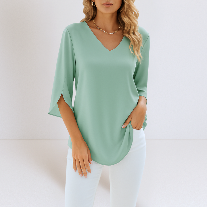 Blusa Elegante com Decote em V e Mangas Abertas
