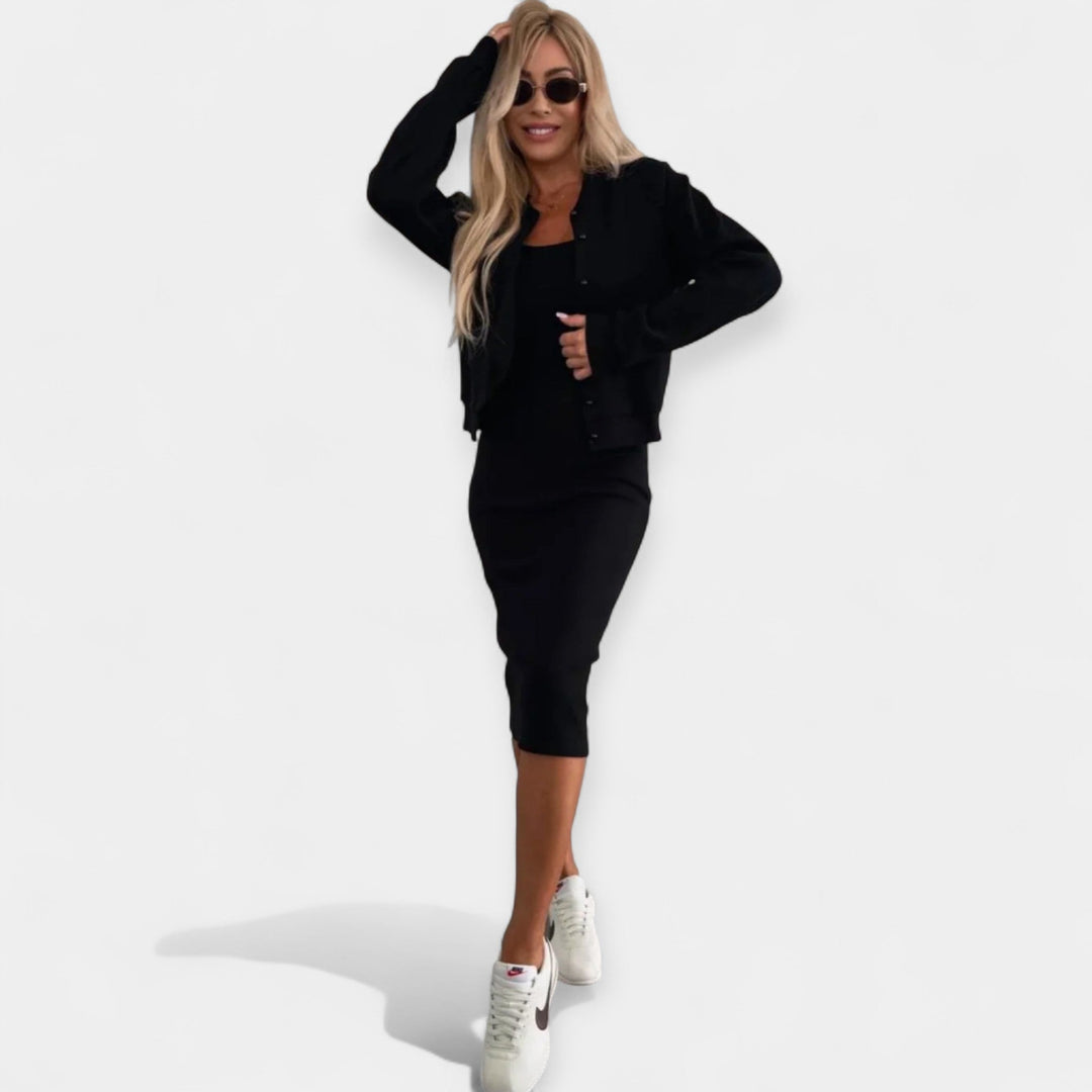 Conjunto de Vestido Midi com Casaco Bomber