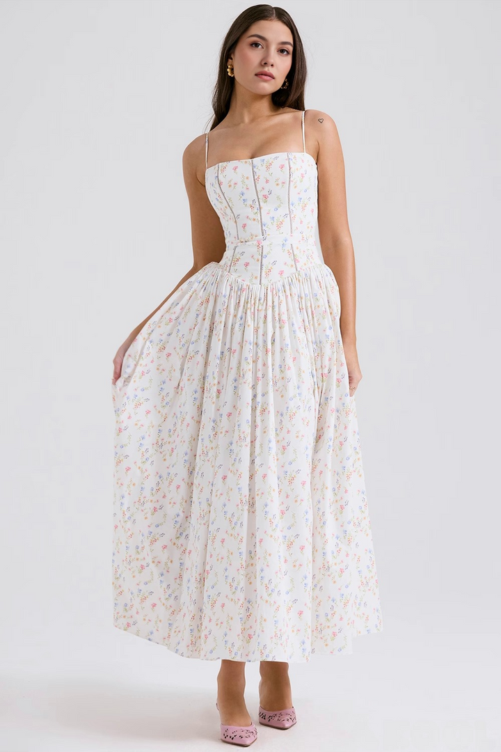 Vestido Maxi com Alças Finas e Padrão Floral