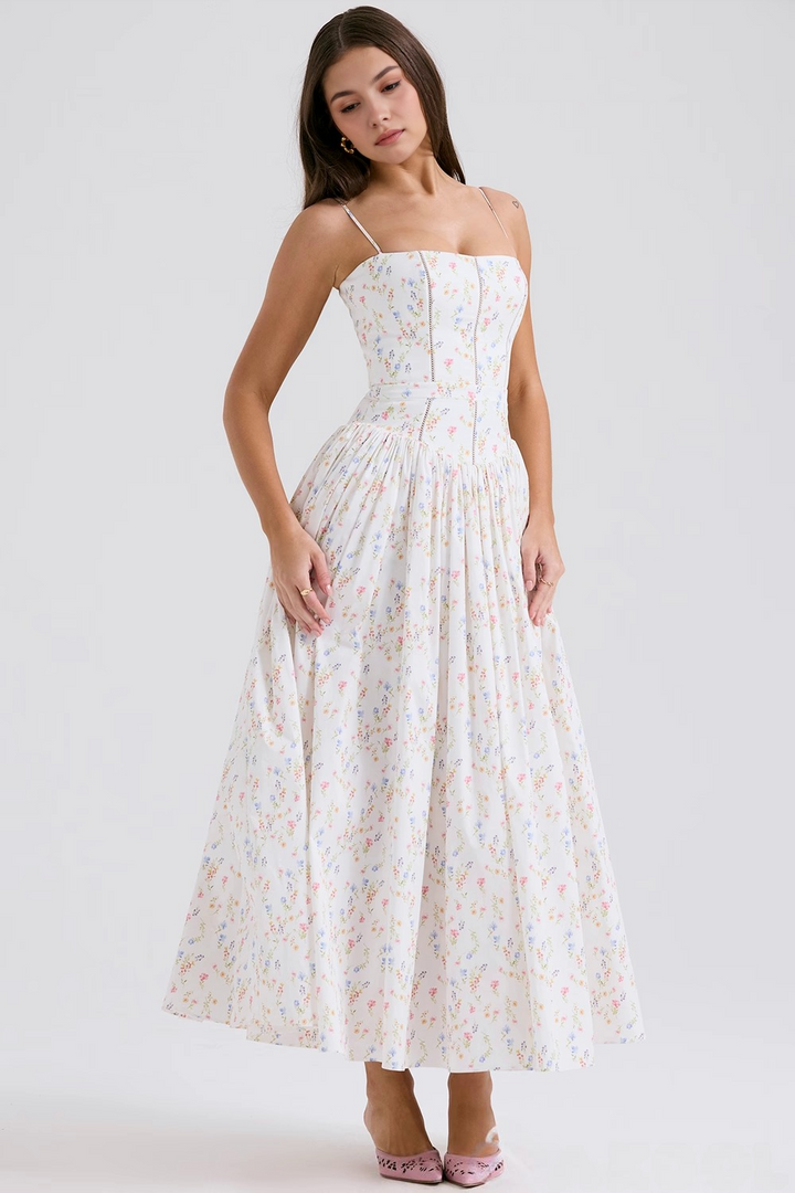 Vestido Maxi com Alças Finas e Padrão Floral