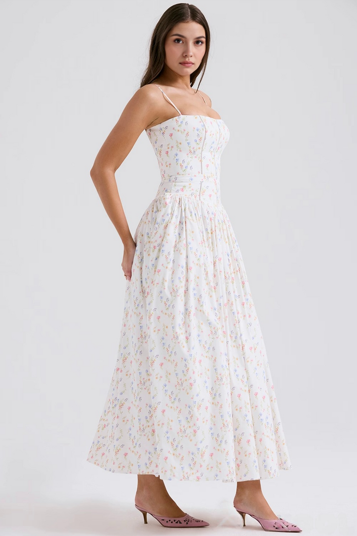 Vestido Maxi com Alças Finas e Padrão Floral