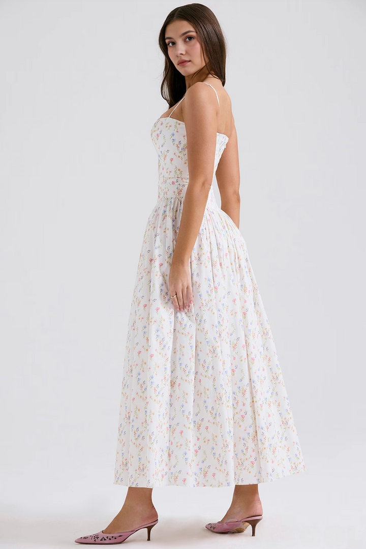 Vestido Maxi com Alças Finas e Padrão Floral