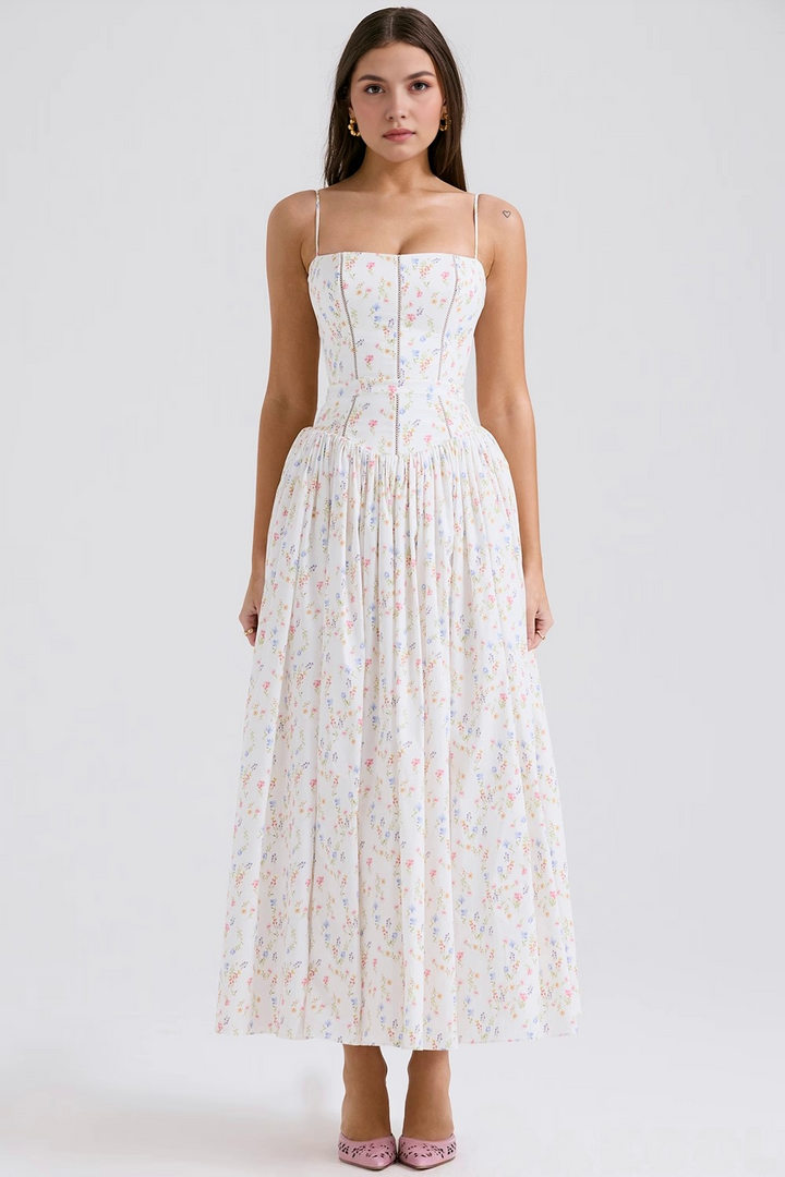 Vestido Maxi com Alças Finas e Padrão Floral