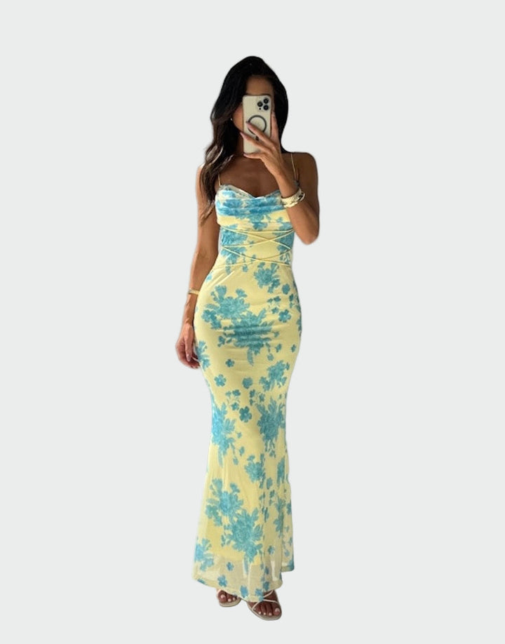 Vestido de Cetim com Padrão Floral
