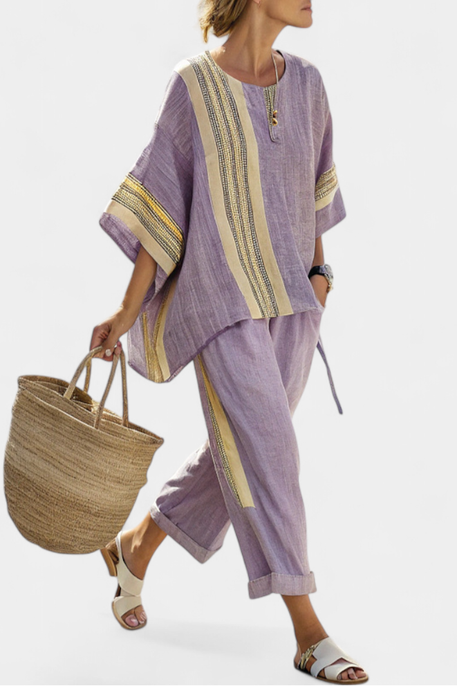 Conjunto de linho de bambu com encantadora lavanda e detalhes em riscas amarelas
