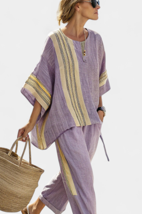 Conjunto de linho de bambu com encantadora lavanda e detalhes em riscas amarelas