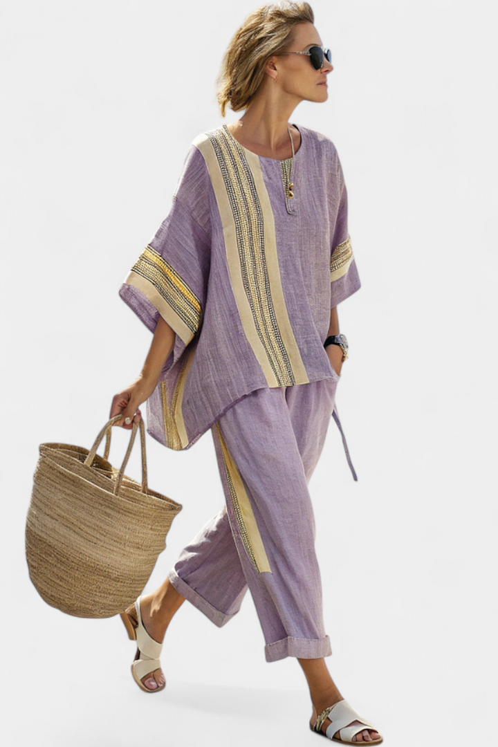 Conjunto de linho de bambu com encantadora lavanda e detalhes em riscas amarelas