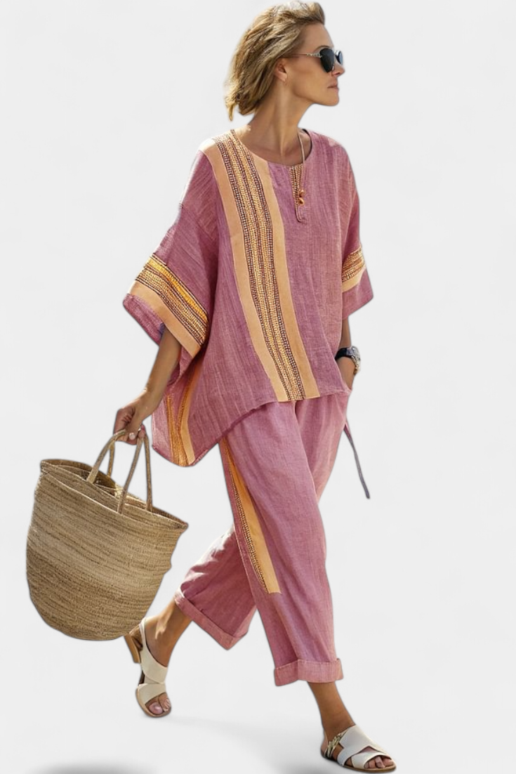 Conjunto de linho de bambu com encantadora lavanda e detalhes em riscas amarelas