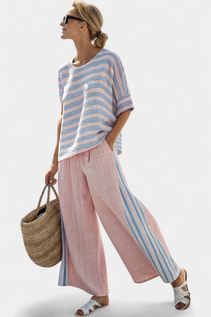 Conjunto de linho de bambu Daisy Mediterrâneo em rosa suave com elegantes riscas azuis