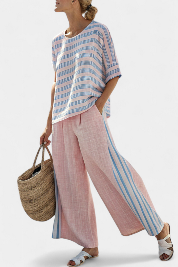 Conjunto de linho de bambu Daisy Mediterrâneo em rosa suave com elegantes riscas azuis