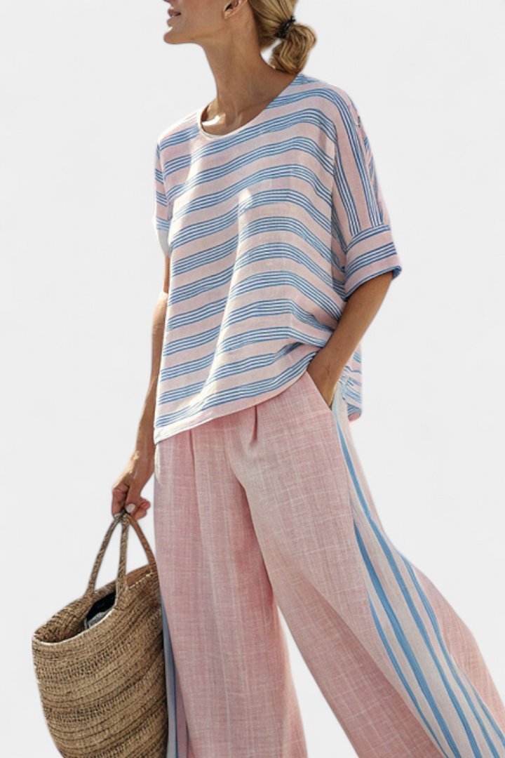 Conjunto de linho de bambu Daisy Mediterrâneo em rosa suave com elegantes riscas azuis