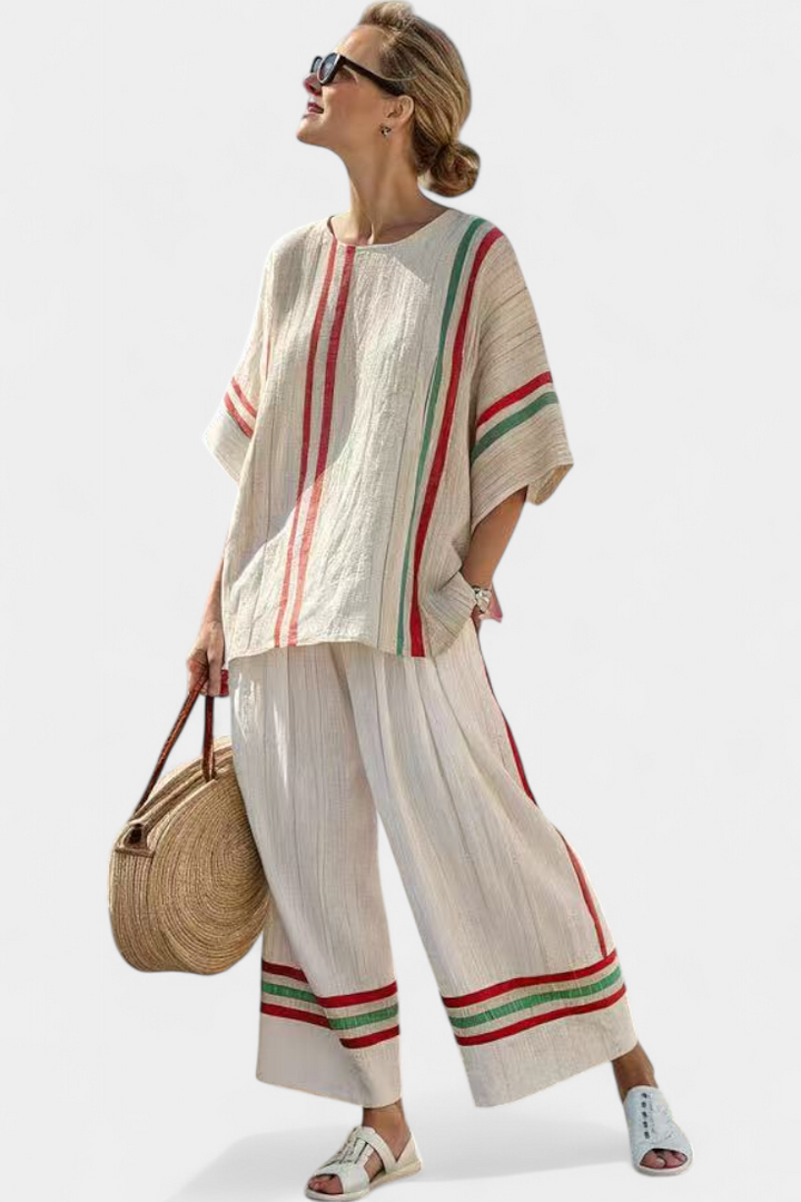 Conjunto Mediterrâneo Daisy em linho de bambu com elegantes riscas vermelhas e verdes