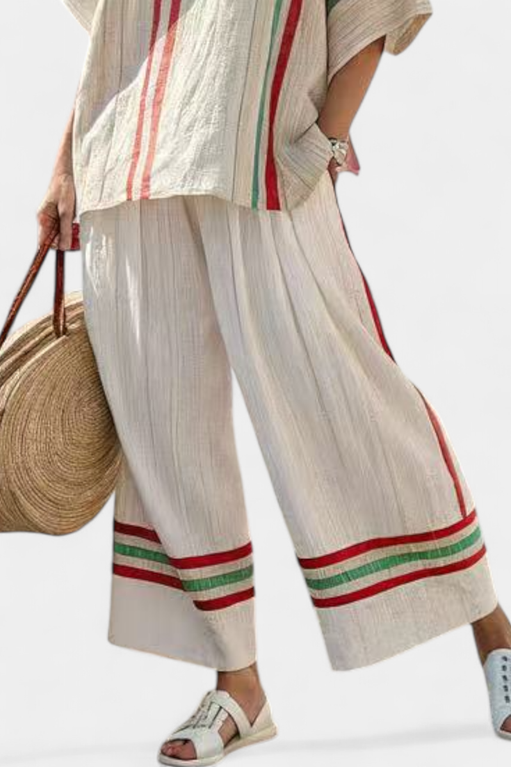 Conjunto Mediterrâneo Daisy em linho de bambu com elegantes riscas vermelhas e verdes