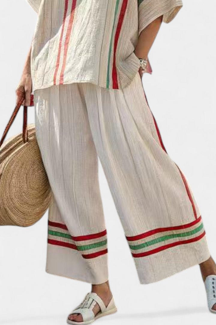 Conjunto Mediterrâneo Daisy em linho de bambu com elegantes riscas vermelhas e verdes