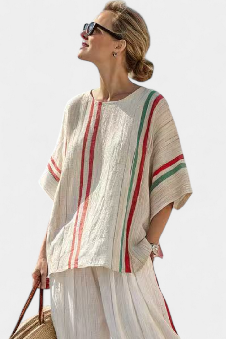 Conjunto Mediterrâneo Daisy em linho de bambu com elegantes riscas vermelhas e verdes