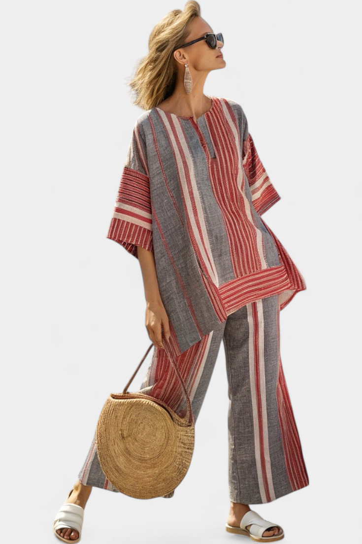 Salope Oversize Daisy em Linho com Riscas Vermelhas Coral e Cinza, Estilo Moderno e Confortável